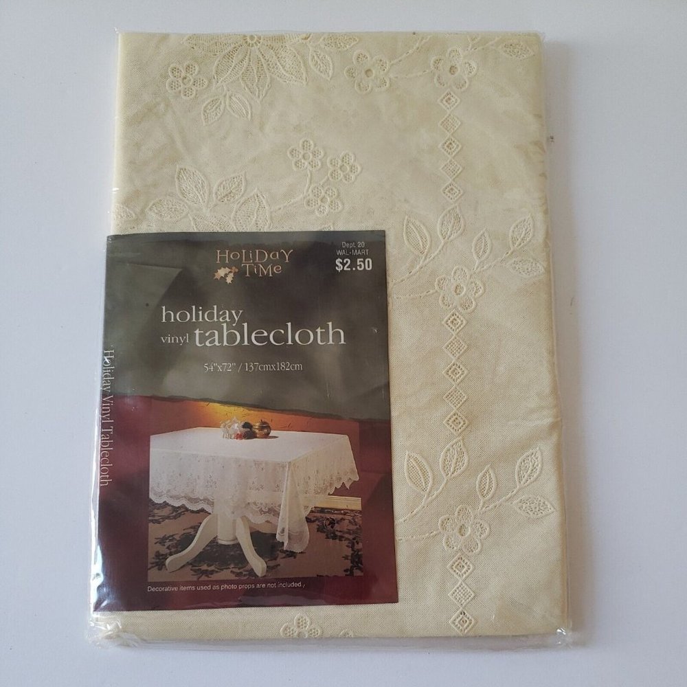 NEW Vintage Holiday Time Cream/Ivory Vinyl Tablecloth 54" x 72" Christmas Decor